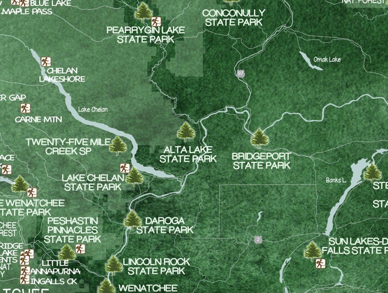 Washington State Parks and Hiking Trails Map, WA map Hiking Gift, State Park Checklist for Washington Parks, WA Push Pin Map PinBoard Gift image 7
