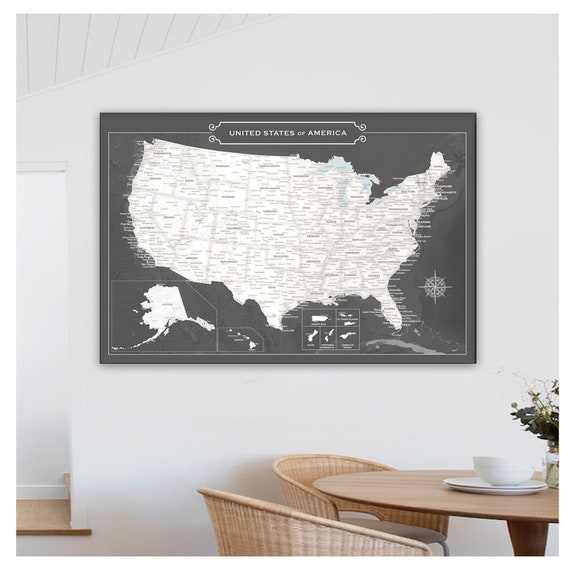 Large Office Style Map Art Gift for Dad, Neutral Color Travel Push Pin USA Map for Father's Birthday, Classy Black, White & Beige Wall Decor