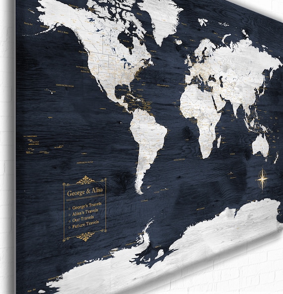 Anniversary Gift, World Map, Personalized Legend & Text, Navy and White world map wall art, Large World Map Canvas, Push Pin Map World Art