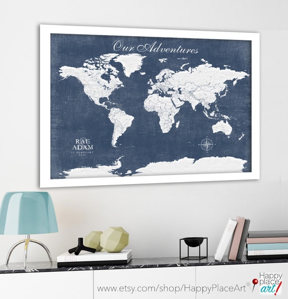 World map, Muted tones, Large world map, Map with cities, City labels, Blue & Gray world map, Masculine wall art,  Man Cave Print, map print