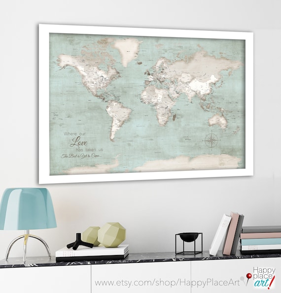 Vintage Style Modern Map, USA states on world map, Distressed Mint Green Map, Cream Rustic texture, Map of the World Gift for Anniversaries