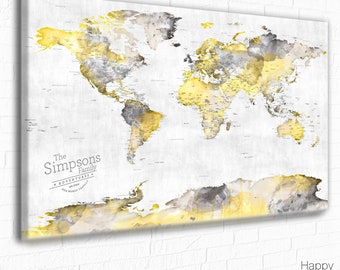 Gray & Yellow World Map Wall Art, Push Pin Map 24x36 40x60, 30x40 inch and large sizes Paper Anniversary First Anniversary Gift for Husband