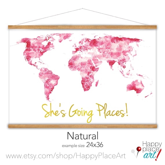 She's Going Places Pink World Map Canvas with Hanging Frame, Graduation Gift, Baby Girl Nursery Watercolor Style Wall Art Map of the World