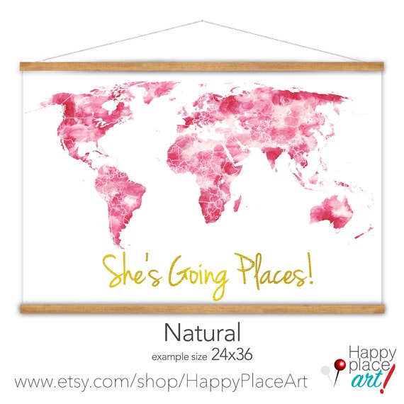 She's Going Places Pink World Map Canvas with Hanging Frame, Graduation Gift, Baby Girl Nursery Watercolor Style Wall Art Map of the World