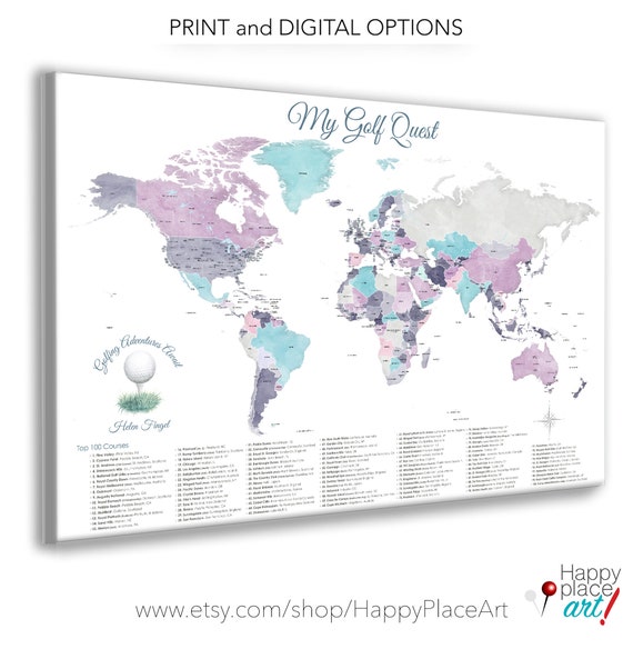 Golf Course Map for Female Golfer, Push Pin Golfing Travels, Golf Adventures, Mother Day Personalized Golf Gift, Golf Quest Map of the World