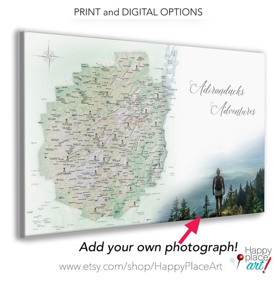 Adirondacks Map, Hiking Enthusiast Gift, Adirondack Mountains Push Pin Map, Canvas Or Wall Poster Map, Personalized Family Adirondack