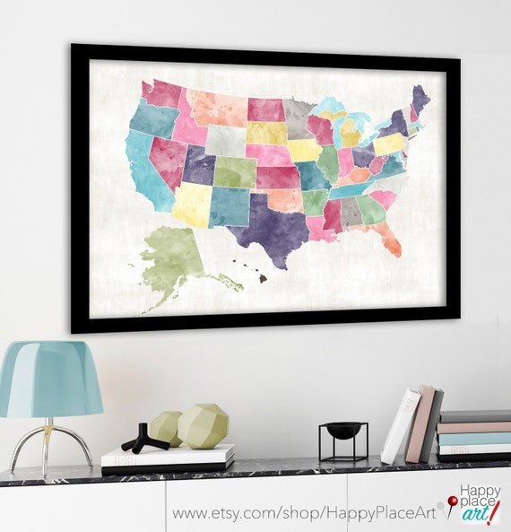 Large USA Map Heart Map. Bright Watercolor Style. Custom sizes. Add Heart or Text. Personalised USA map. USA Map print for family travel map