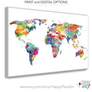 Watercolor World Map, World Map Wall Art Bright Nursery Wall Art Watercolor Map, Large Canvas map World map push pin Personalized travel map