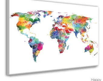 Watercolor World Map, World Map Wall Art Bright Nursery Wall Art Watercolor Map, Large Canvas map World map push pin Personalized travel map