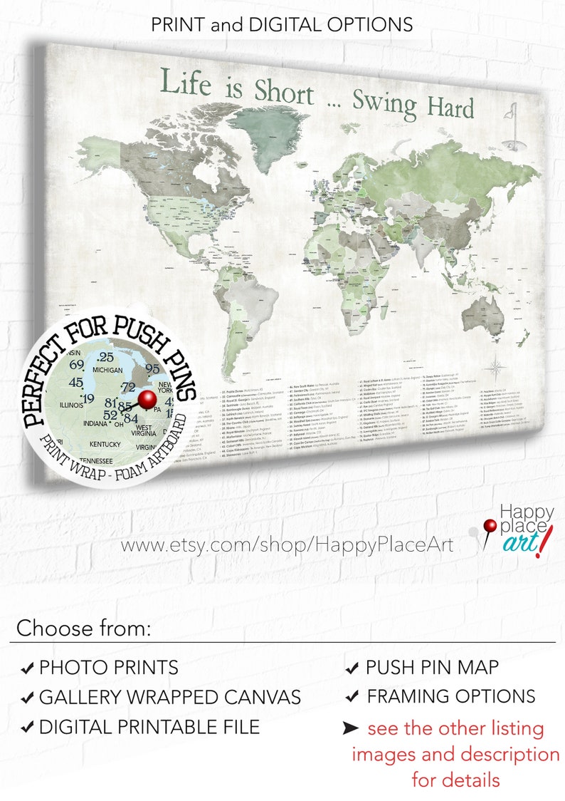 Push Pin Map of World Top 100 Golf Courses, Anniversary gift for wife, Personalized golf gift for husband, Golfing couple. Golfers pin map image 6