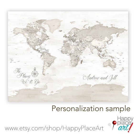 Detailed World Map ideal for pinning travel, Add Custom Message, Names and Anniversary Date, Ideal for Anniversary Gift for Husband or Wife