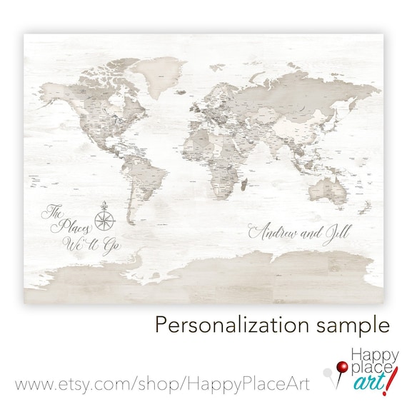 Detailed World Map ideal for pinning travel, Add Custom Message, Names and Anniversary Date, Ideal for Anniversary Gift for Husband or Wife