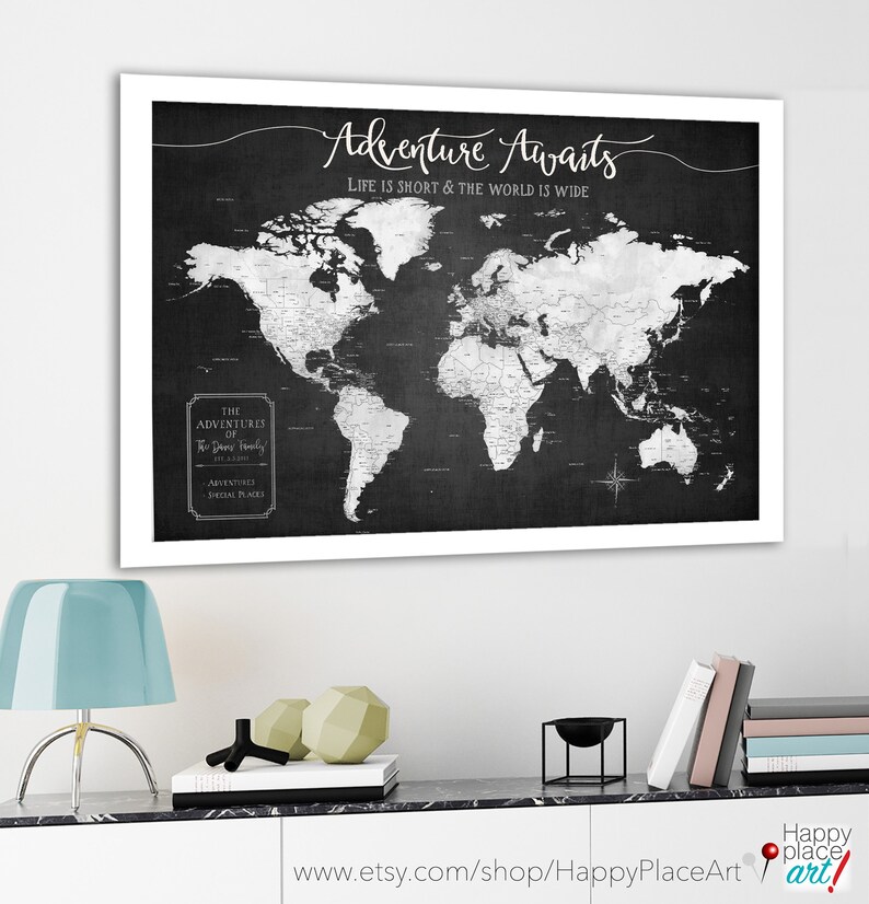 Push Pin World Map, Modern Push Pin Mounted Canvas Map Board, Best for ...
