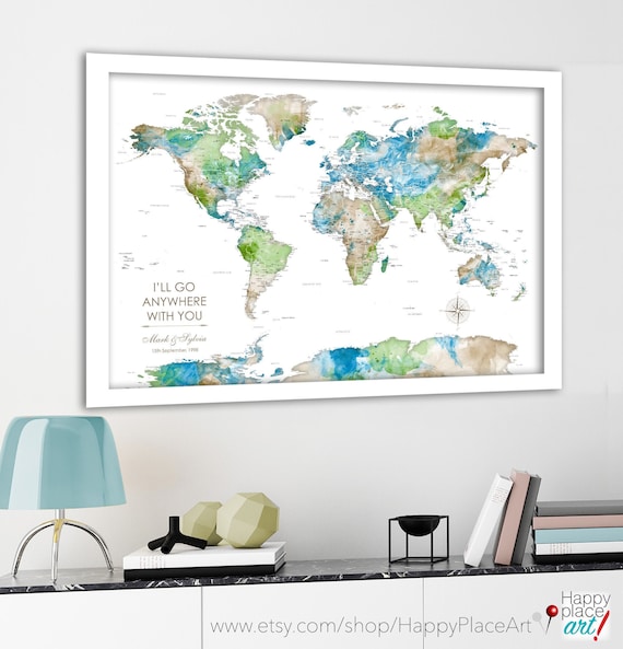 Personalized Push Pin Map, Canvas or Print. Anniversary Gift, Travel Theme. World Travel Map for Pins, Add Names, Wedding Date, Est Date Map