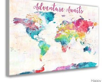 May include: A colorful watercolor world map with the text "Adventure Awaits" printed in pink at the top. The map is on a white background with a subtle texture.