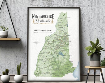 52 with a View, New Hampshire Map, Personalized NH Gift for Hiker, State Parks, Mountain Peak-Bagging, New England Trails Canvas, Pin Map