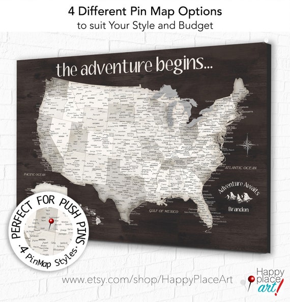 USA Push Pin map for traveler US with Legend, Pin Map, Canvas or Print, Professional Office Wall Art Map, Personalize ANY title or names