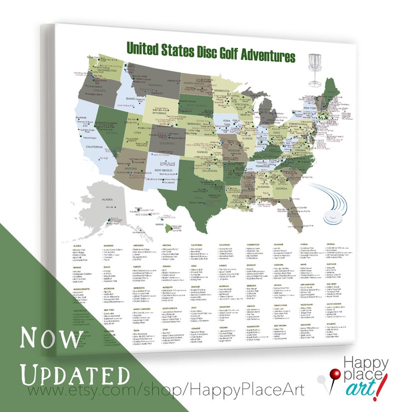 May include: A canvas print of the United States map, titled "United States Disc Golf Adventures." The map is color-coded by state, with disc golf course locations marked. Text at the bottom reads "NOW UPDATED."