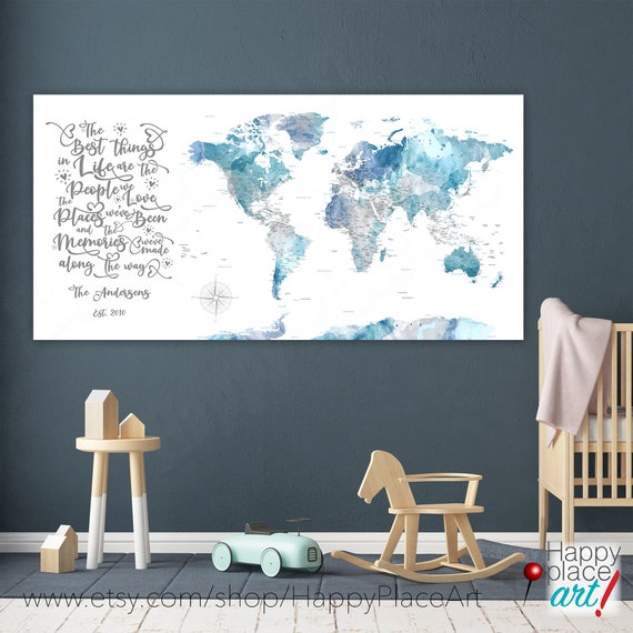 Personalized Soft Blue and Gray Wall Map, Large World map, Push pin Canvas Family Travel Map, Best Things In Life, Adventure Map with quote