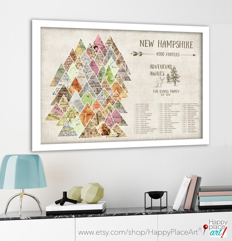 New Hampshire Peaks Push Pin Map, NH 4000 Footer Hike Checklist, New England PeakBagging, 4000 ft Mountain Peaks Anniversary Hiking Map Gift image 6