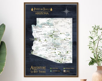 Arizona Map of State Parks and Hiking Trails Map Checklist, AZ Push Pin Map Gift Hiker Dad, Wall Map Art Decor, List of Parks, Couple Gift