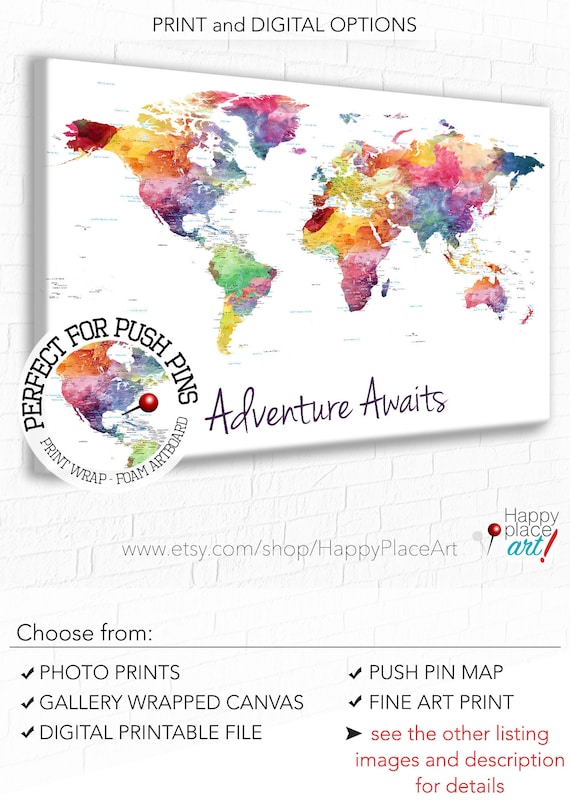 Adventure Awaits World Map, Push Pin World Map, Watercolor World map, push pin map, Foam board mounted map of world, Large World Map Canvas