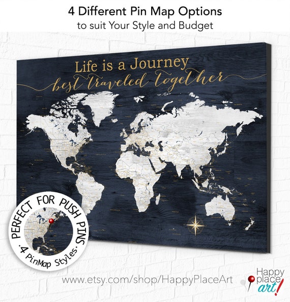 Large World Map Push Pin Executive Style 24x36 or 24x16 Customized
