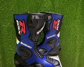 Suzuki GSX-R Racing Motorcycle Leather Boots - Blue Motorbike Riding Shoes - Protective Biker Boots