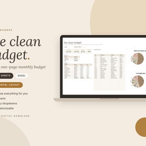 May include: A digital budget spreadsheet template titled The Clean Budget, displayed on a laptop screen. The interface features tables, financial data, and two pie charts. Text includes Oats & Ochres, Google Sheets, Excel, and Horizontal Layout.