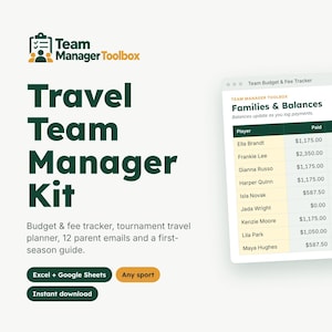 May include: A digital Team Manager Toolbox kit featuring a Travel Team Manager Kit title, a budget and fee tracker spreadsheet, and text listing Excel, Google Sheets, and instant download options for sports team management.