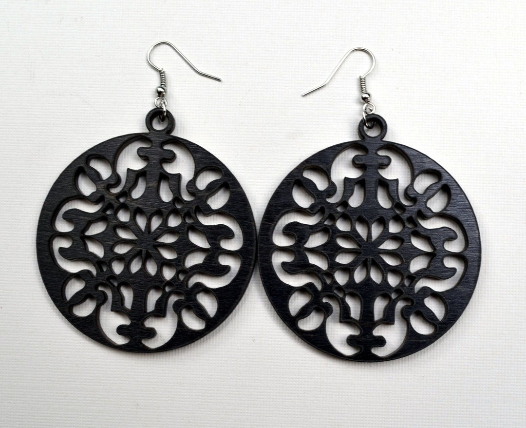 Round Ear Pattern Wood Earrings.- Black - Large Round Intricate Pattern - Etsy