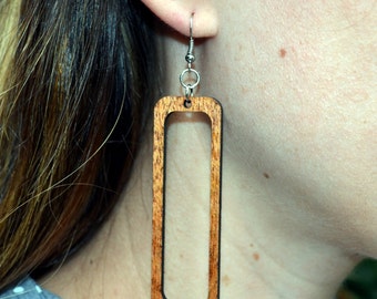 Boho Chic Wood Earrings, Genuine Mahogany.  Long Open Rectangle Laser Cut Design