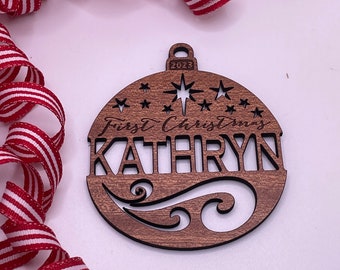 Personalized 2023 (or any year) First Christmas Ornament from Solid Red Maple or Mahogany Wood