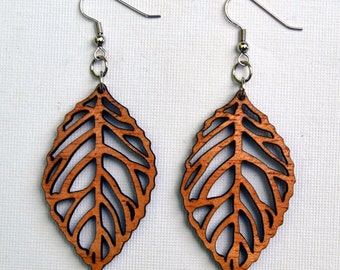 Wood Leaf Earrings Boho Chic from Solid Mahogany