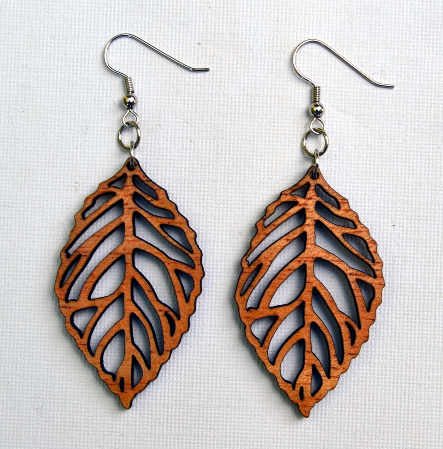 Wood Leaf Earrings Boho Chic from Solid Mahogany Etsy