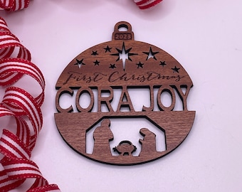 Personalized 2023 (or any year) First Christmas Nativity Scene Ornament from Solid Red Maple or Mahogany Wood