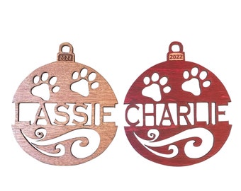 Personalized Dog Christmas Ornament 2023 from Solid Red Maple or Mahogany Wood Original Swirl Design