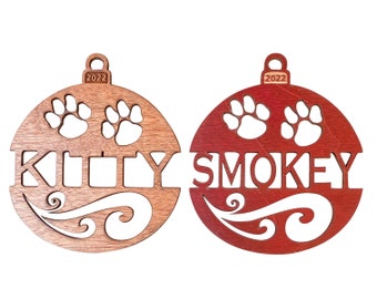 Personalized Cat's Christmas Ornament 2023 from Solid Red Maple or Mahogany Wood Original Swirl Design