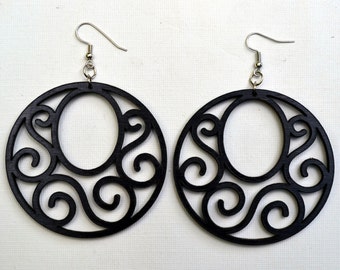 Wood Earrings Black Open Scroll Round Design