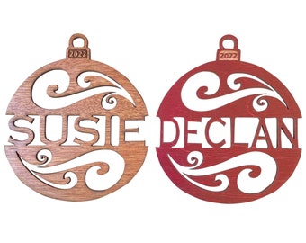 Personalized Christmas Ornament 2023 from Solid Red Maple or Mahogany Wood Original Swirl Design