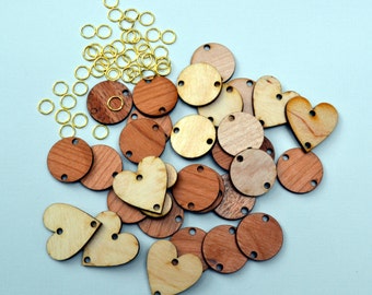 Wood Discs or Hearts (10) w/Jump Rings for Family Birthday or Celebration Boards or Crafting Supplies