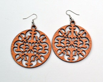 Wood Earrings Large Intricate Round Laser Cut Mahogany