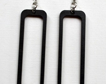 Wood Earrings, Black, from Stained Maple. Long Open Rectangle