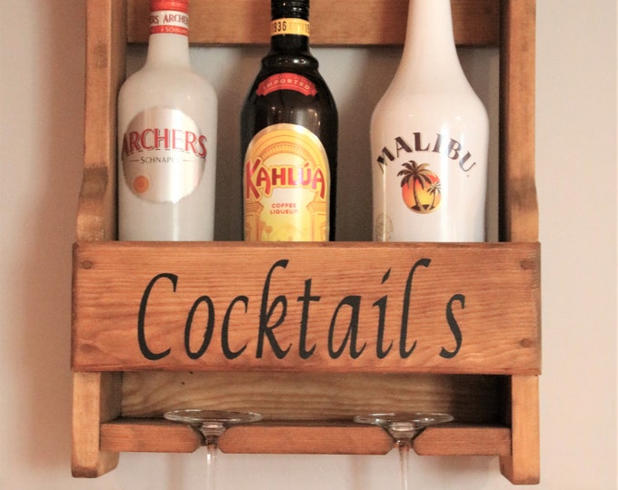 Handmade Rustic Cocktail Rack in a mid oak stain for 2 glasses and upto 3 bottles