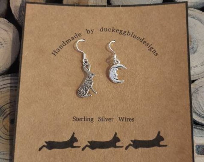 Hare & Moon Earrings with Sterling Silver earwires, Gift for Her