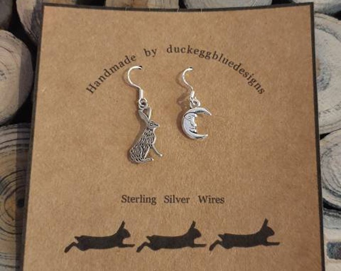 Hare & Moon Earrings with Sterling Silver earwires, Gift for Her