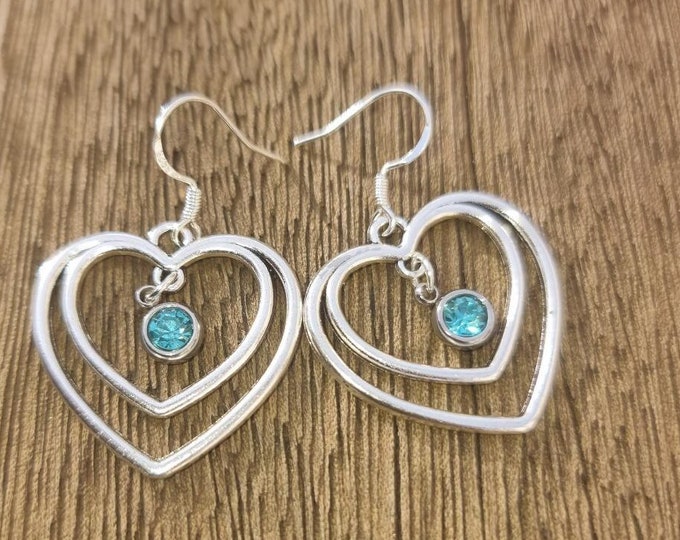 March Birthstone Double Heart Earrings, Aquamarine