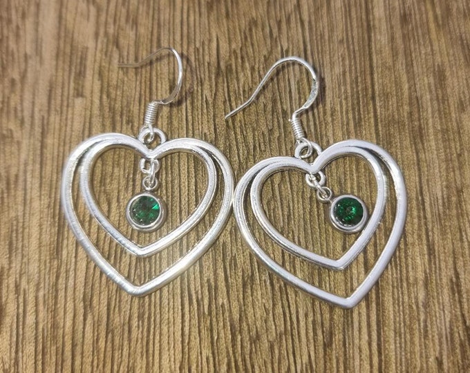 May Birthstone Double Heart Earrings, Emerald