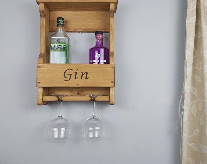 Rustic Gin Rack,  2 Balloon Glasses, holds 3 Bottles