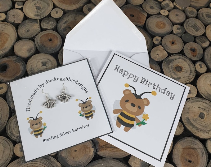 Bee Earrings with matching Birthday Card, Postable Gift, letter box gift, Covid Gift